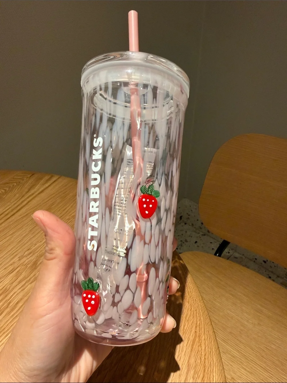 Starbucks Strawberry Accent Pink glass Tumbler with Straw